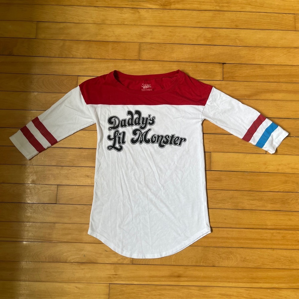Suicide Squad Harley Quinn Daddy's Lil Monster Raglan Shirt White Red Blue Small